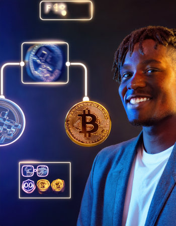 A confident young man smiles next to dynamic cryptocurrency icons, highlighting innovation.の素材
