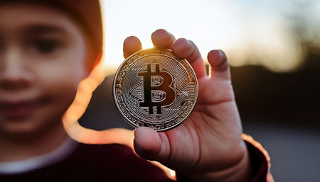 A child proudly displays a shiny cryptocurrency coin during a warm sunset, symbolizing finance.の素材