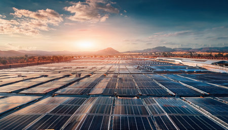 Solar panels spread across vast landscapes harness energy for eco-friendly blockchain activities.の素材