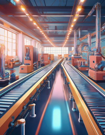 Vivid illustration of a futuristic industrial space with automation and robotics.の素材