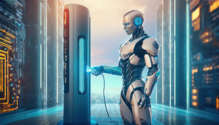 A sleek robot interacts with a high tech device, showcasing advanced automation in a modern world.の素材