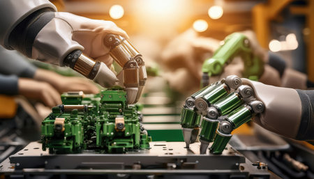 Robotic hands skillfully assemble advanced technology components in a modern industrial setting.の素材
