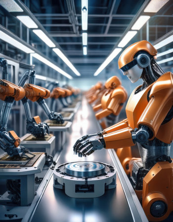 Robots perform precise tasks in a modern, vibrant manufacturing facility.の素材