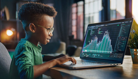 A child actively engages with financial charts on a laptop, exploring cryptocurrency concepts.の素材