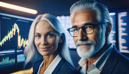 Two professionals engage in cryptocurrency analysis amid financial technology screens showing data.の素材