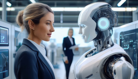 A professional and a humanoid robot share a meaningful exchange, showcasing innovation.の素材