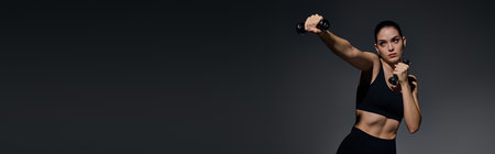 A young beautiful woman exercises with determination, showcasing her athleticism in a modern gym.の写真素材