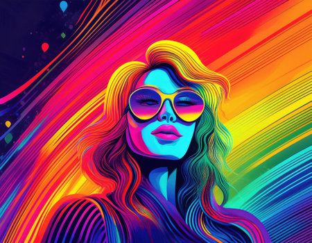 A vibrant figure in sunglasses stands against a rainbow backdrop, symbolizing love and acceptance.の素材