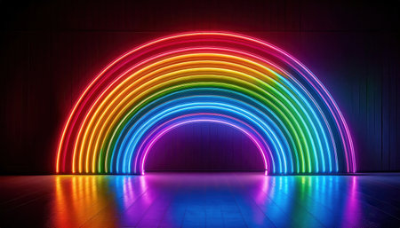 Bright neon rainbow lights arch gracefully in a dark room, symbolizing lgbt pride and unity.の素材