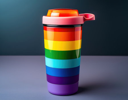 A colorful travel mug showcases the rainbow flag, symbolizing love and inclusivity for all.の素材