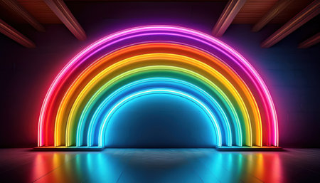 A stunning neon rainbow artwork brightens a pride event venue, creating a lively atmosphere.の素材