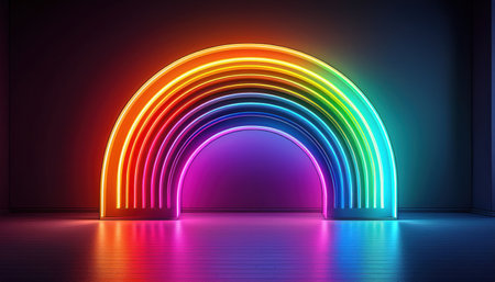A bright rainbow arch shines in a dark, modern room, celebrating diversity and pride.の素材
