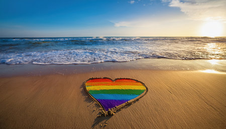 A vibrant rainbow heart crafted from sand rests on the shore as the sun sets over gentle waves.の素材