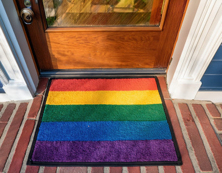 A bright rainbow mat at the entrance shows pride and inclusivity at a welcoming home.の素材