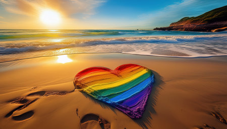 At the beach, a colorful rainbow heart made of sand rests near gentle waves as the sun sets.の素材
