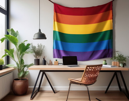A vibrant rainbow flag decorates a modern office, symbolizing support for the LGBTQ community.の素材