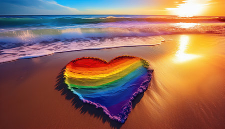 A heart crafted from rainbow colors rests on the beach as the sun sets over the ocean waves.の素材