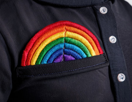 A rainbow design on a black shirts pocket symbolizes pride and acceptance.の素材