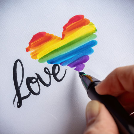 A hand draws a colorful heart with the word love, showcasing vibrant pride colors in art.の素材