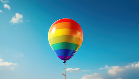A rainbow balloon rises in a clear sky, symbolizing love and diversity at a pride event.の素材