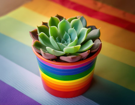 A stunning succulent in a rainbow pot sits on multicolored fabric, symbolizing pride.の素材