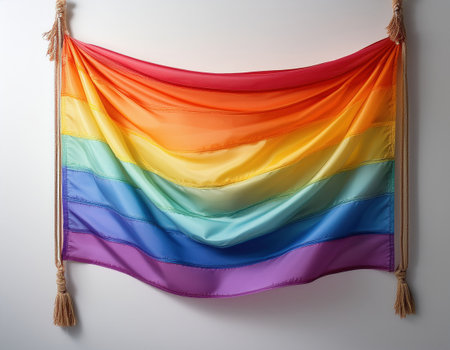 A colorful rainbow fabric is displayed, symbolizing inclusivity and love during pride celebrations.の素材