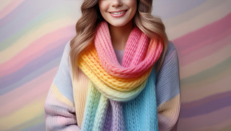 A cheerful individual wears a colorful rainbow scarf, embodying love and inclusivity for all.の素材