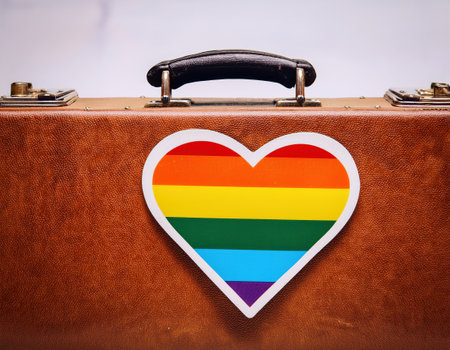 A vintage suitcase with a rainbow heart sticker represents pride and inclusivity in travel.の素材