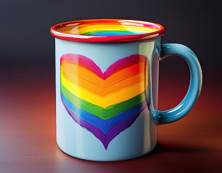 A vibrant mug displays a rainbow heart, symbolizing love and pride for the LGBTQ community.の素材
