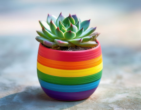 A beautiful succulent nestled in a rainbow striped pot symbolizes diversity and pride in colors.の素材