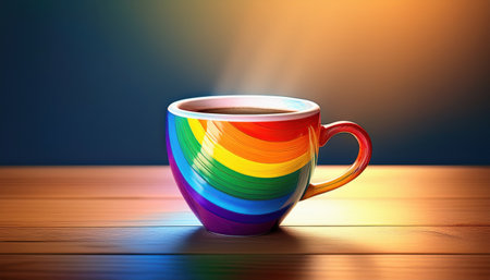 A colorful rainbow mug holds steaming coffee, radiating warmth and inclusivity.の素材