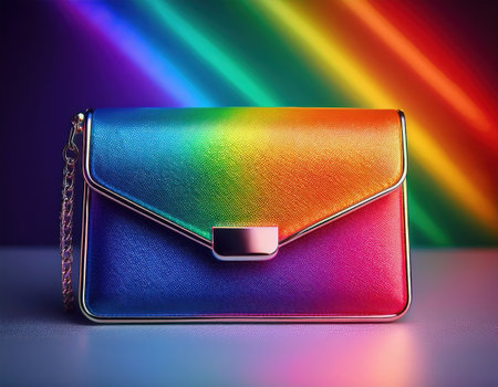 Vibrant rainbow purse gleams against a colorful backdrop, symbolizing love and unity.の素材