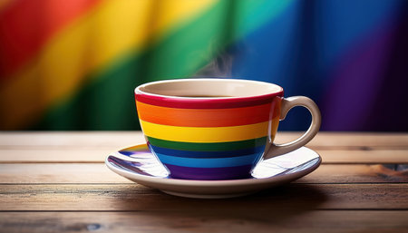 A colorful cup decorated with rainbow stripes sits on a wooden table, radiating warmth and joy.の素材