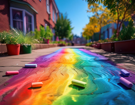 Chalk artists create a stunning rainbow pathway in a colorful urban setting, celebrating diversity.の素材