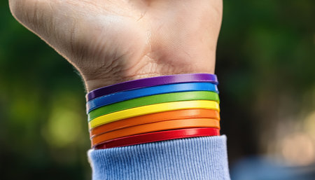 A hand adorned with colorful rainbow bands celebrates love and inclusion during pride festivities.の素材