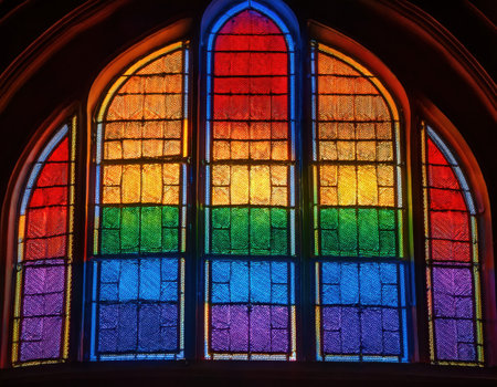 Vibrant rainbow colors in stained glass symbolize unity and diversity during Pride.の素材
