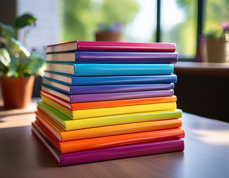 Stacked rainbow notebooks reflect vibrant lgbt pride in a bright and cheerful workspace.の素材