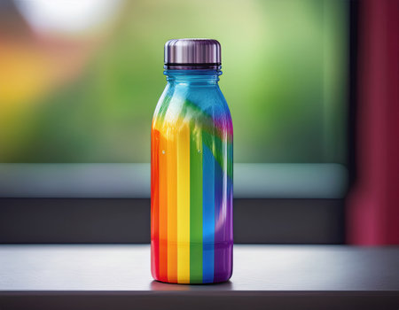 A colorful water bottle displays a beautiful rainbow design, symbolizing love and inclusivity.の素材