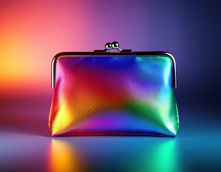 A dazzling clutch shines with rainbow colors, reflecting light in a vibrant, artistic setting.の素材