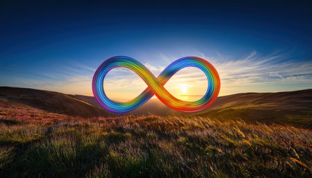 A colorful infinity symbol made of rainbow hues glows against a stunning sunset over hills.の素材