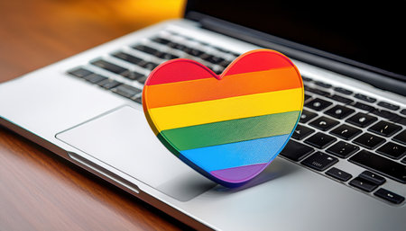 A colorful rainbow heart rests on a sleek laptop, symbolizing the spirit of love and inclusivity.の素材