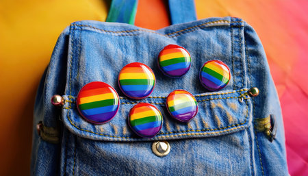 Rainbow badges on a denim backpack celebrate diversity and love for Pride.の素材