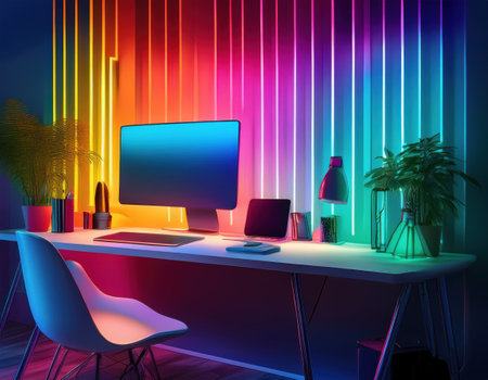 A vibrant workspace features rainbow lights that reflect diversity and brighten the area.の素材