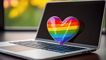 A colorful rainbow heart rests on a laptop keyboard, symbolizing love and acceptance.の素材