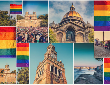 Crowds in rainbow attire celebrate LGBT pride under the sun in a lively atmosphere.の素材