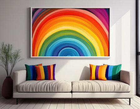 Bright rainbow artwork adorns the wall above a stylish sofa, echoing themes of pride and inclusion.の素材