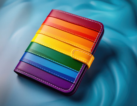 A colorful wallet featuring rainbow stripes rests on a soft blue background, reflecting lgbt pride.の素材
