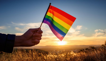 A hand holds a vibrant rainbow flag against a stunning sunset, symbolizing unity and pride in love.の素材