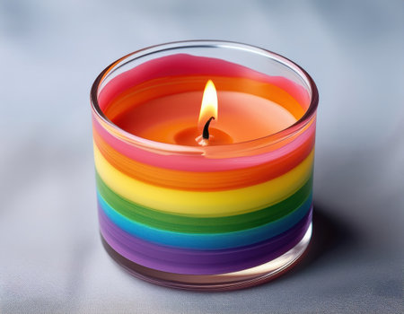 A vibrant rainbow candle burns brightly, representing love and acceptance for all identitiesの素材