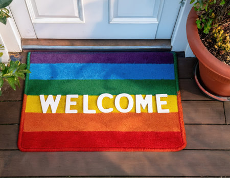 A bright rainbow welcome mat welcomes guests, embodying pride and community at a charming entrance.の素材